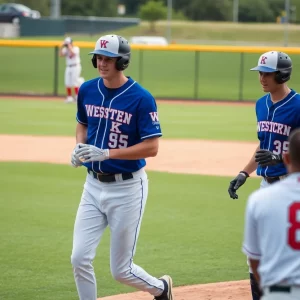 WKU baseball players on the field during practice.
