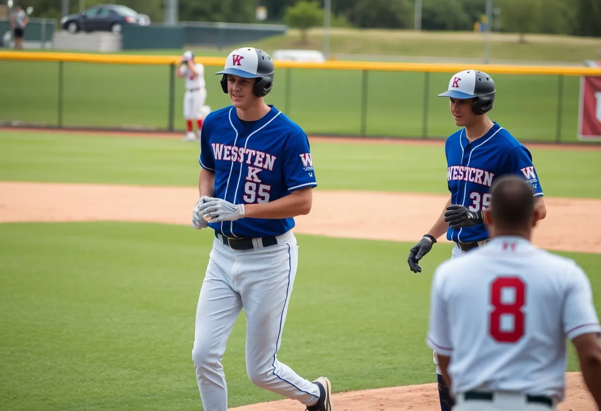 WKU baseball players on the field during practice.