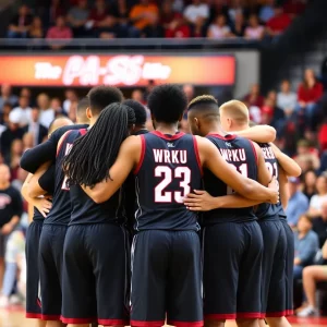 WKU basketball team huddled during a game