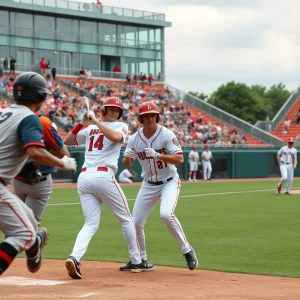 Action shot of a college baseball game featuring players in motion.