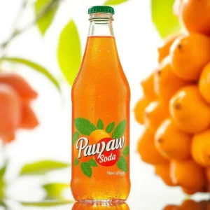 Bottle of Ale-8-One Pawpaw Soda with pawpaw fruit in the background