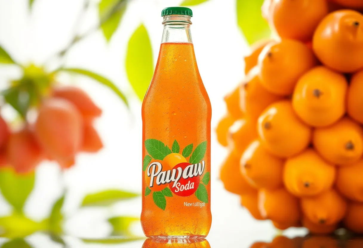 Bottle of Ale-8-One Pawpaw Soda with pawpaw fruit in the background