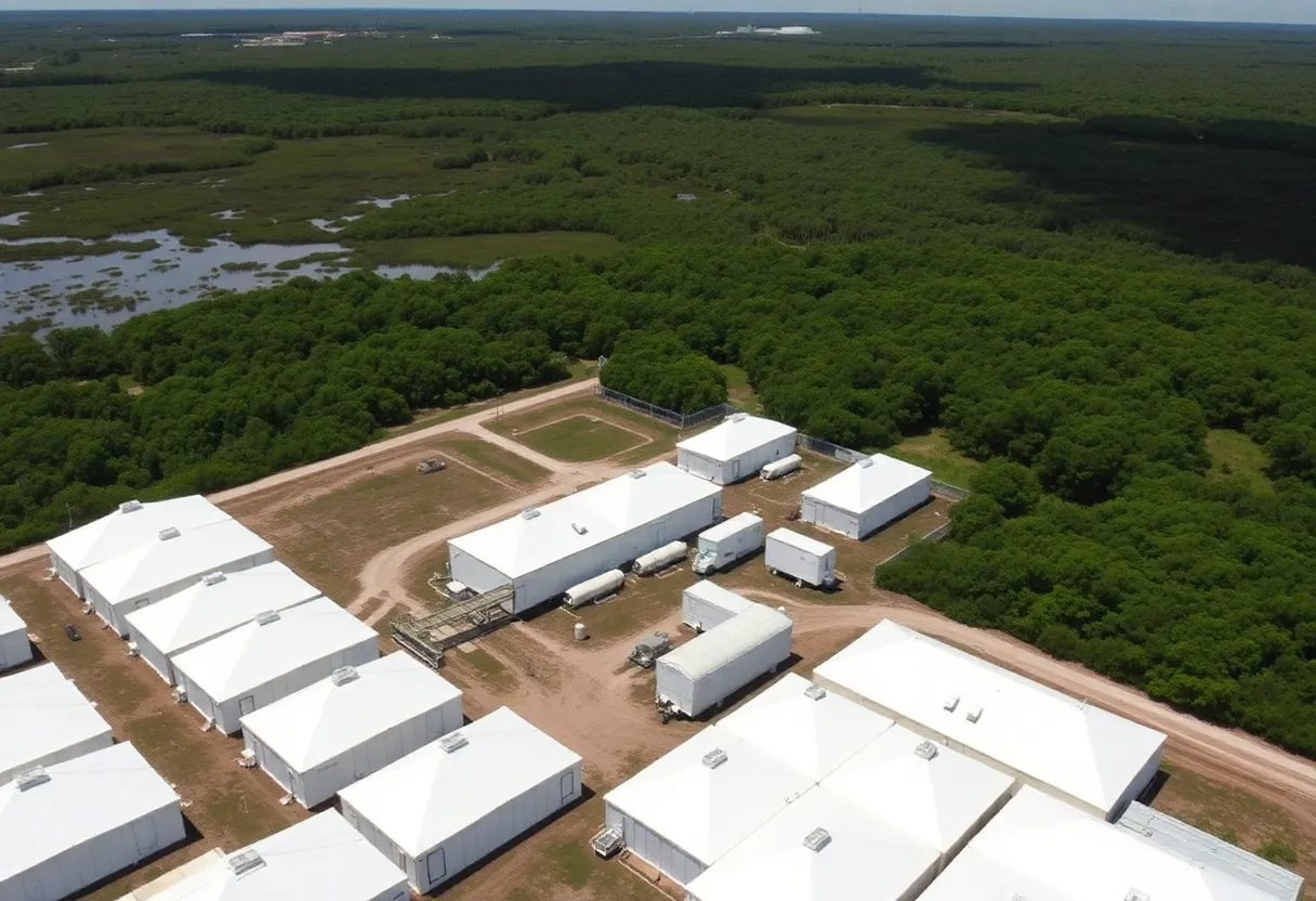 Aerial view of Alligator Alcatraz detention center in the Everglades