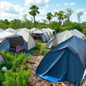 Aerial view of the Alligator Alcatraz migrant detention facility in Florida Everglades showing tents and surroundings