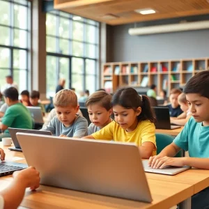 Children using laptops in AT&T Connected Learning Center