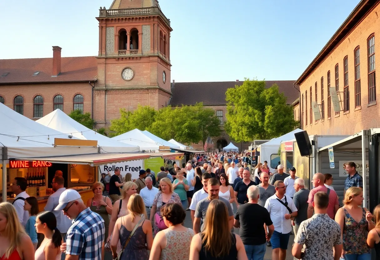 Attendees enjoying the BG Wine Fest with wine tasting, food trucks, and live music at Historic Railpark.