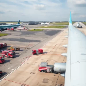 Emergency response vehicles at Bowling Green airport after a plane accident.