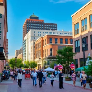 A bustling scene in Bowling Green representing economic growth and community support.