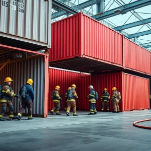 Firefighters performing training exercises in a newly developed training facility