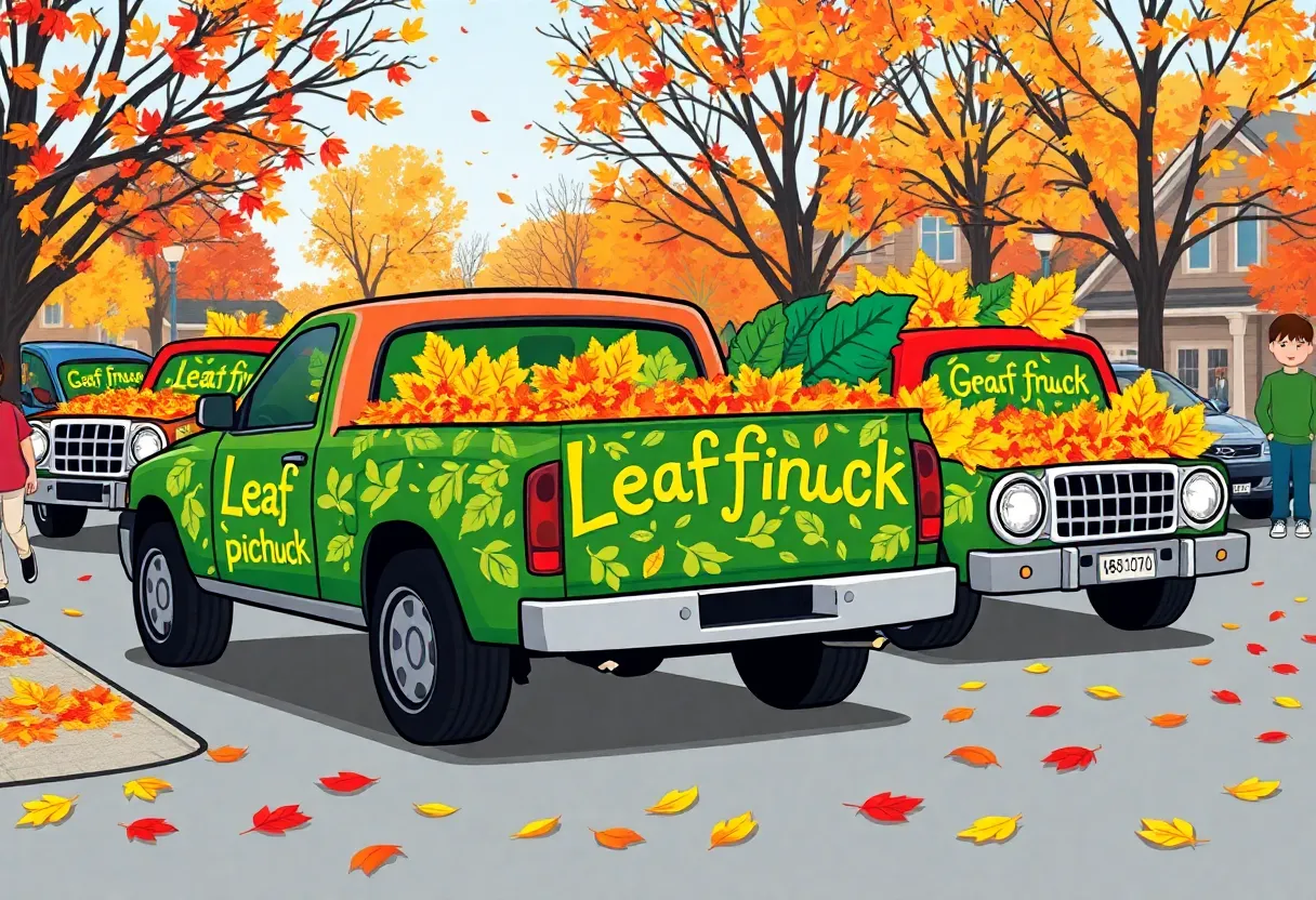 Illustration of named leaf pickup trucks in Bowling Green surrounded by autumn leaves.