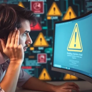 Illustration of online scams with warning signs