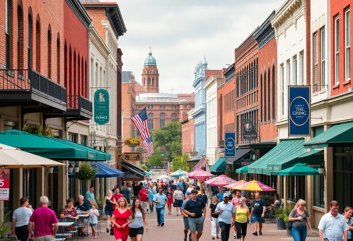Vibrant downtown Bowling Green Kentucky with people enjoying local attractions