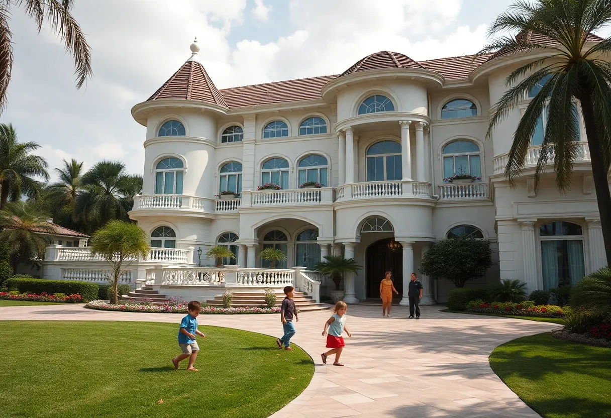 Luxurious residence with children playing and concerned adults in the vicinity.