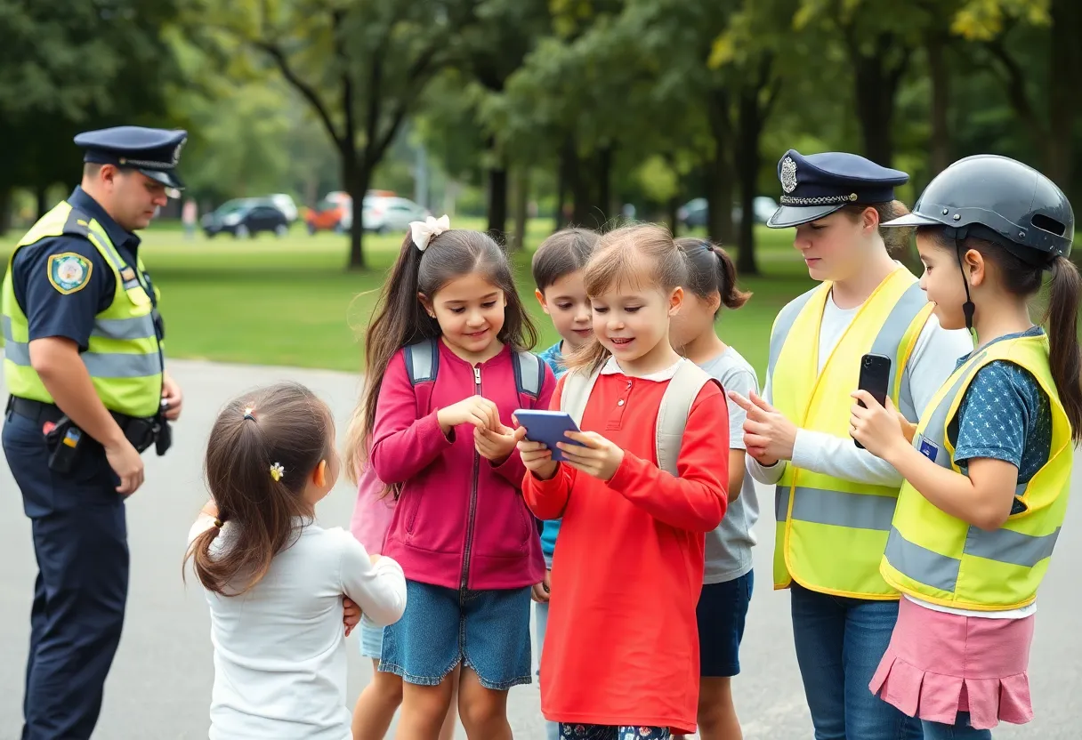 Children participating in the Junior Police Academy with police officers.