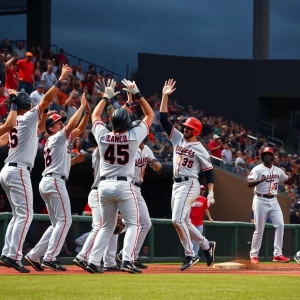 Cincinnati Reds players celebrating a ninth-inning rally during a game.