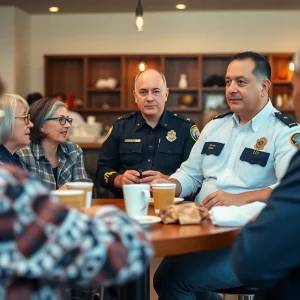 Community members talking with police officers over coffee at the event.