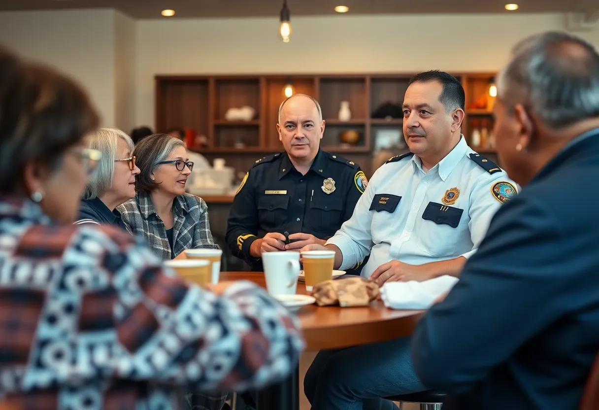 Community members talking with police officers over coffee at the event.