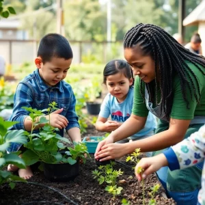 Community garden with children and families participating