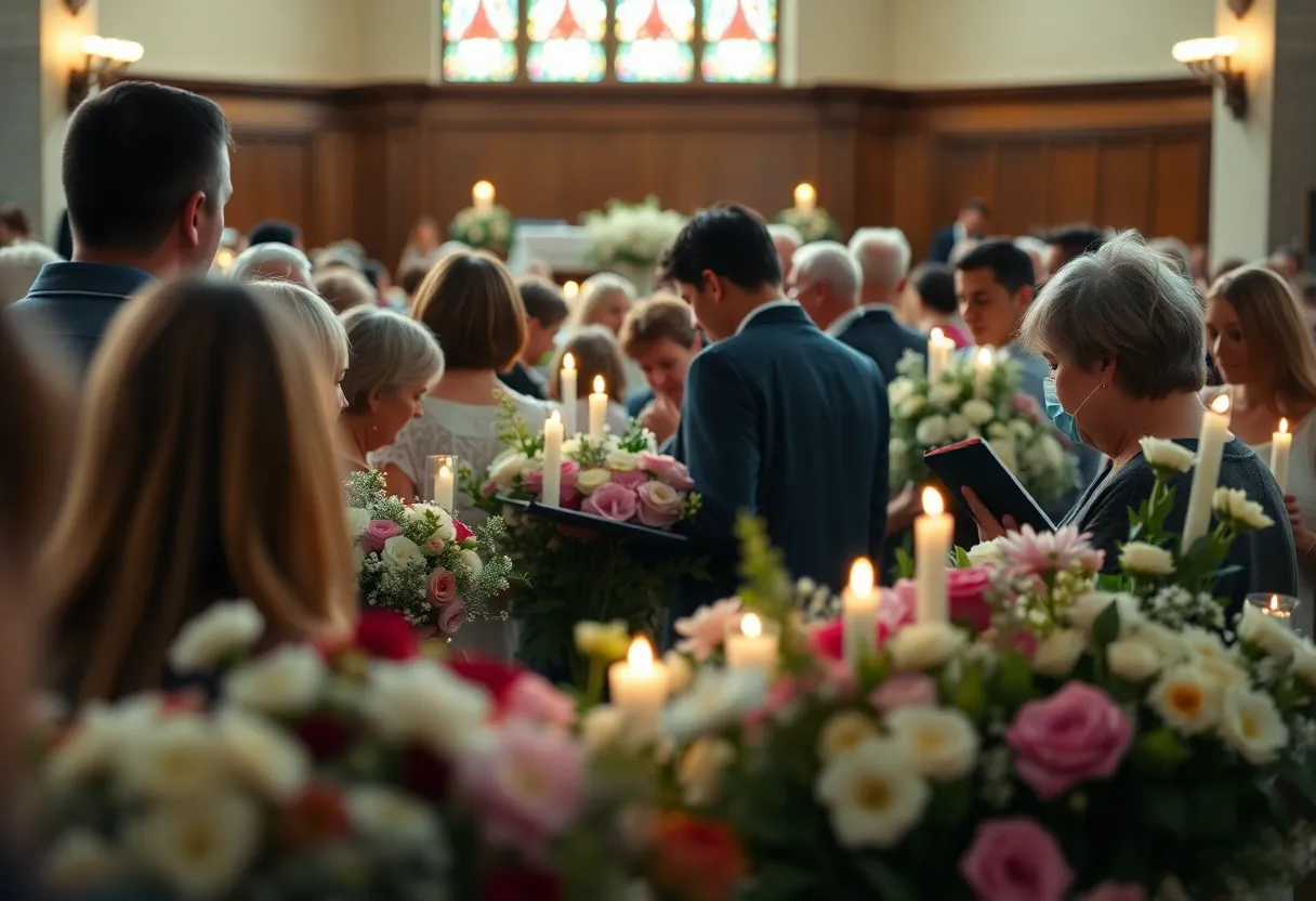 Community members gather to remember a cherished individual with flowers and candles.