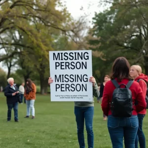 Community members holding a sign in search for missing person in a park