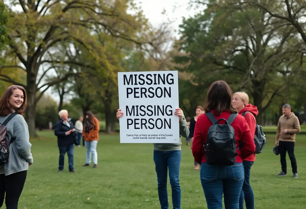 Community members holding a sign in search for missing person in a park