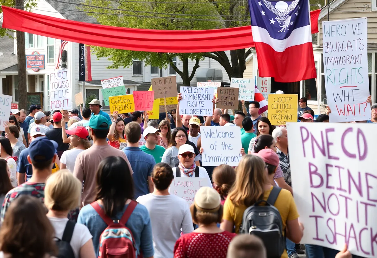Community members gather with signs supporting an immigrant.