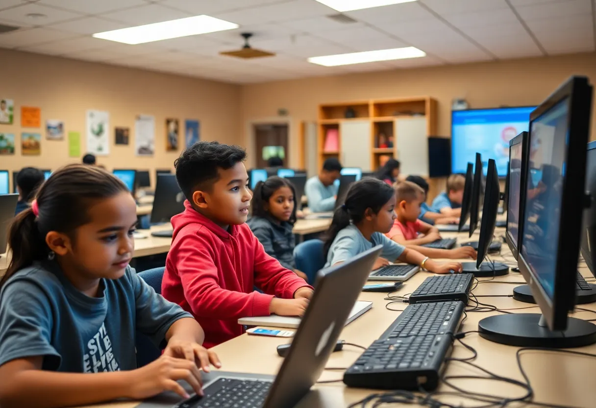 Students using laptops in the AT&T Connected Learning Center at Boys & Girls Club.