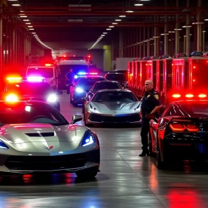 Police officers recovering stolen Corvettes at an automotive plant