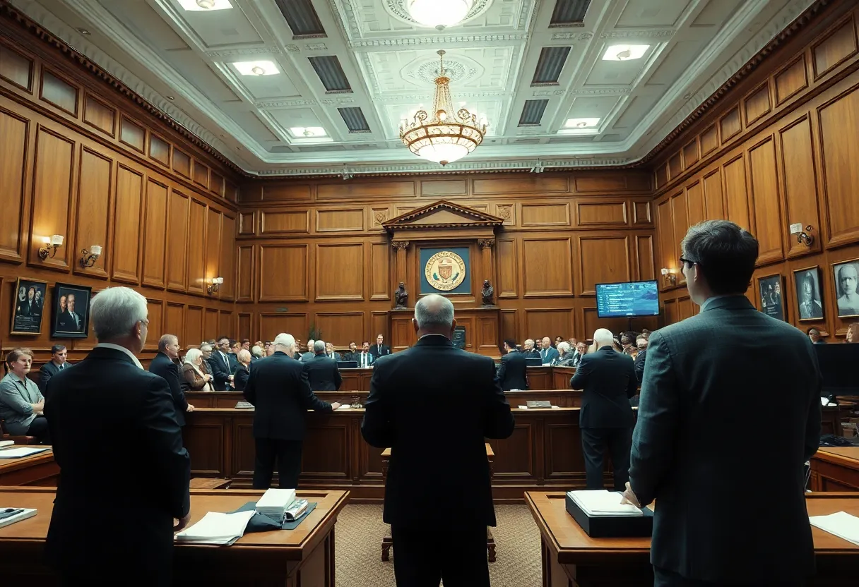 A courtroom during a murder trial with a jury and lawyers presenting evidence.