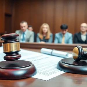 Courtroom scene representing workplace harassment case