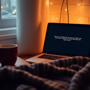 A laptop showing a page not found error in a cozy reading environment