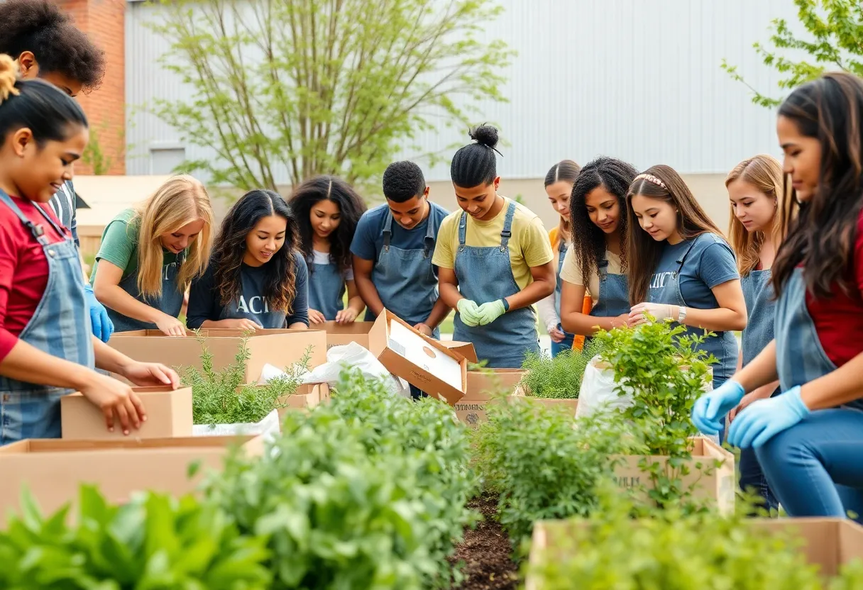 Volunteers participating in community service during Day of Caring event.