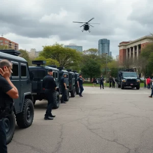 Federal agents and armored vehicles at MacArthur Park during immigration raid