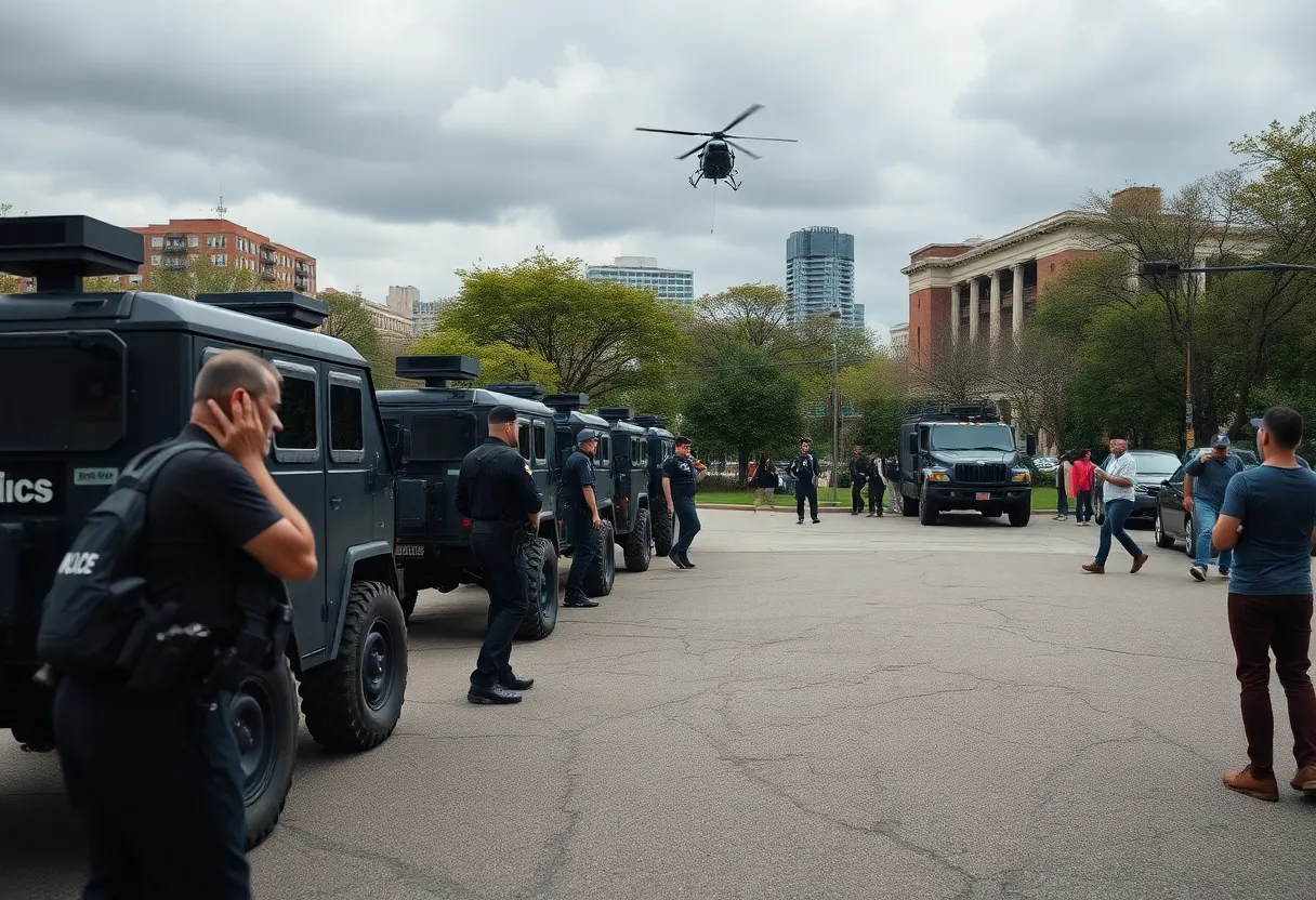 Federal agents and armored vehicles at MacArthur Park during immigration raid