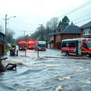Image depicting the impact of flash flooding in a city with emergency services and damaged properties.