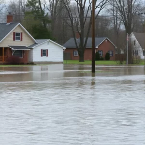 View of a flooded neighborhood in Bowling Green, Kentucky with submerged homes