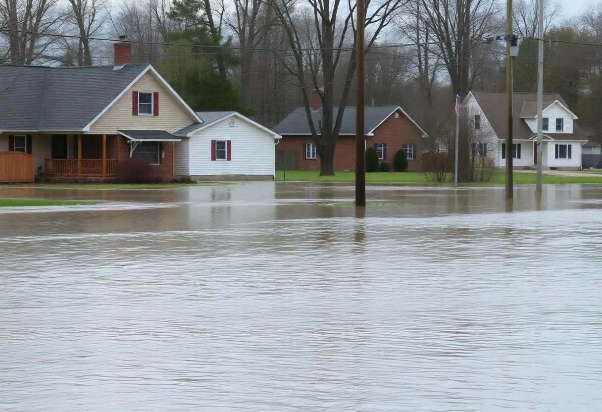 View of a flooded neighborhood in Bowling Green, Kentucky with submerged homes