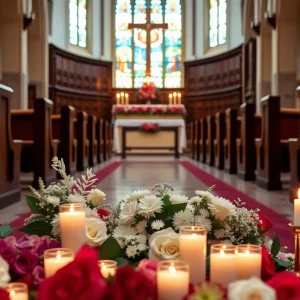 Flowers and candles at a funeral service