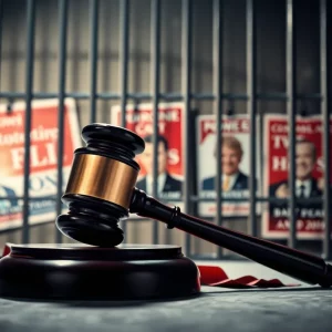 Image depicting the fall of a political figure with a broken gavel and fading campaign posters.