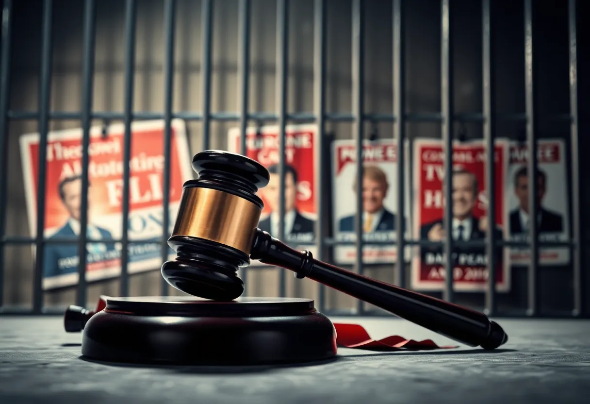 Image depicting the fall of a political figure with a broken gavel and fading campaign posters.