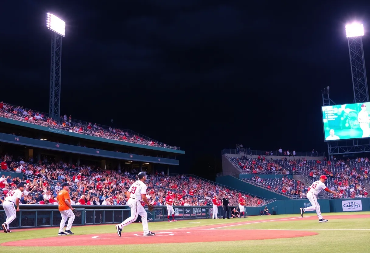 Scene from Greenville Drive baseball game with fans and players in action.