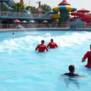 Lifeguards responding to an emergency situation at a wave pool