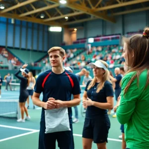 College tennis match featuring coaches and players in action at INTENNSE Arena.