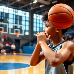 Young athlete practicing basketball on the court