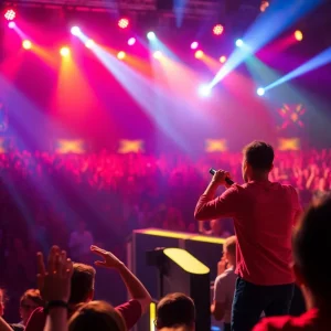 A singer performing vibrantly on stage during a blind audition