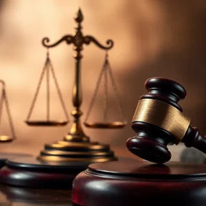 Representation of justice in a courtroom setting.