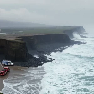 High waves crashing on the shore after the Kamchatka earthquake