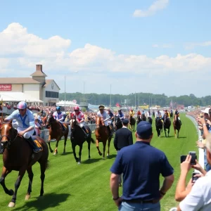 Horses racing at Kentucky Downs during the King of the Turf Handicapping Challenge.
