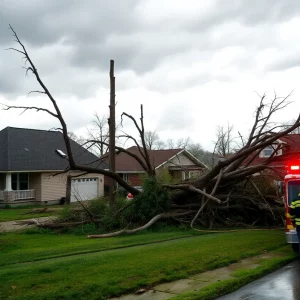 Severe weather damage in Kentucky with destroyed homes and emergency responders