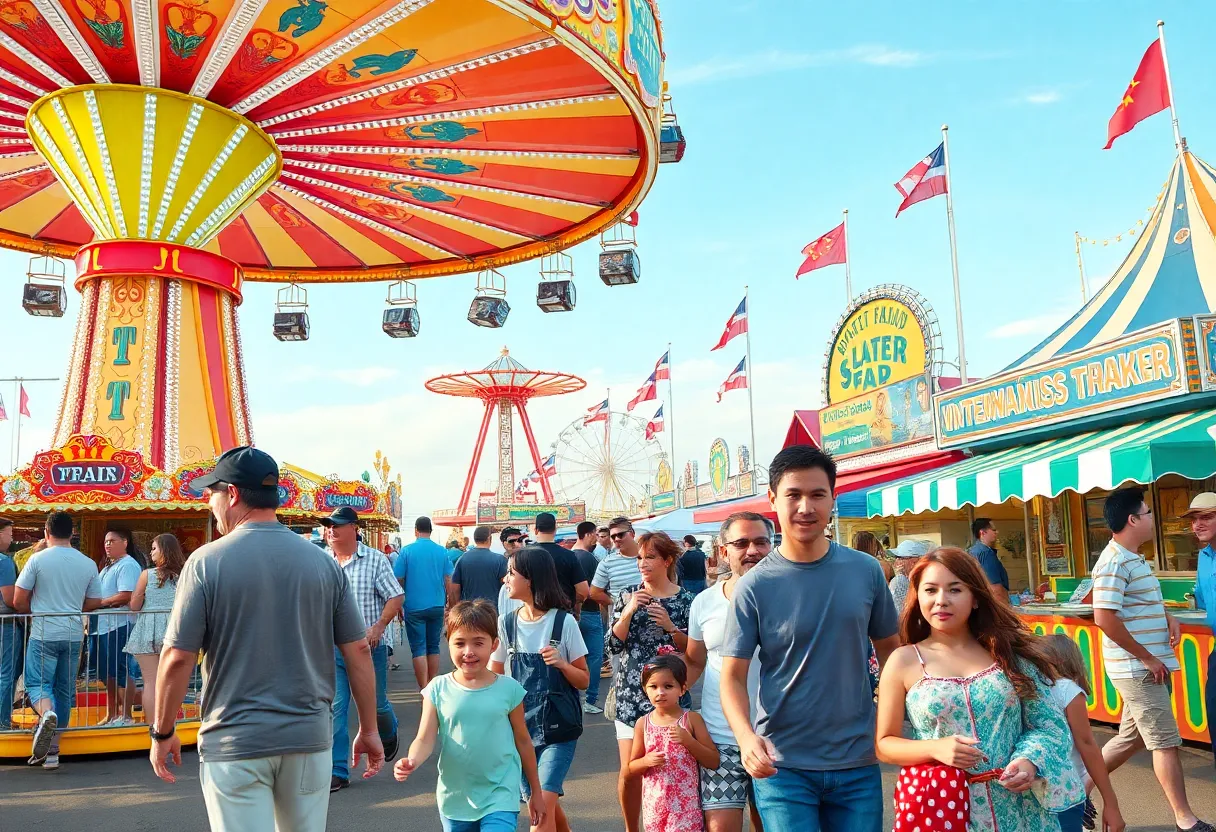 Families enjoying the Kentucky State Fair with rides and food